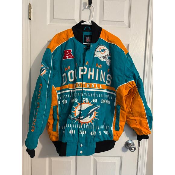 NFL Miami Dolphins Varsity Racing Canvas Oversized Jacket Orange Teal Sz: XL - Picture 7 of 7